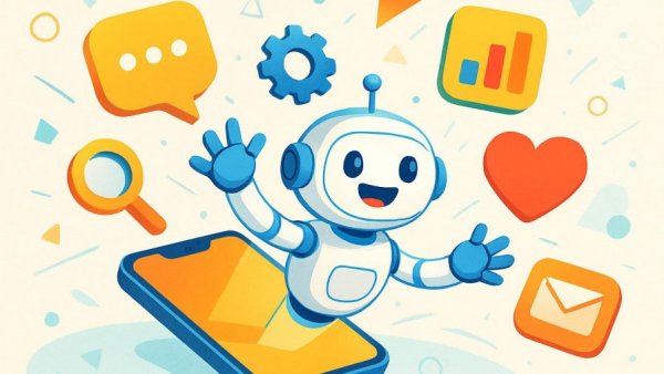 Cheerful robot symbolizing online reputation management, colorful infographic.