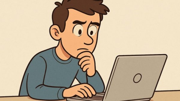 Cartoon man contemplating review fraud, using laptop.