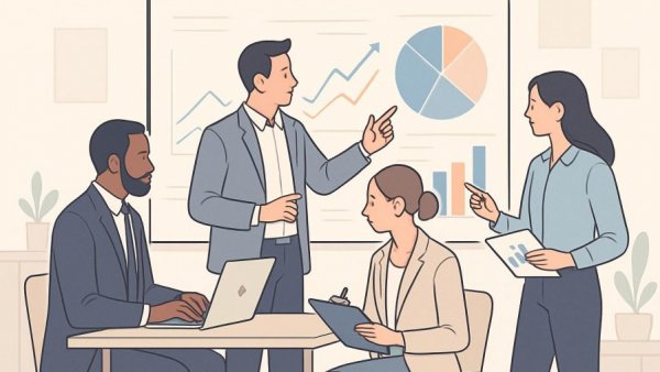 Online Reputation Management team analyzing digital charts in a meeting.