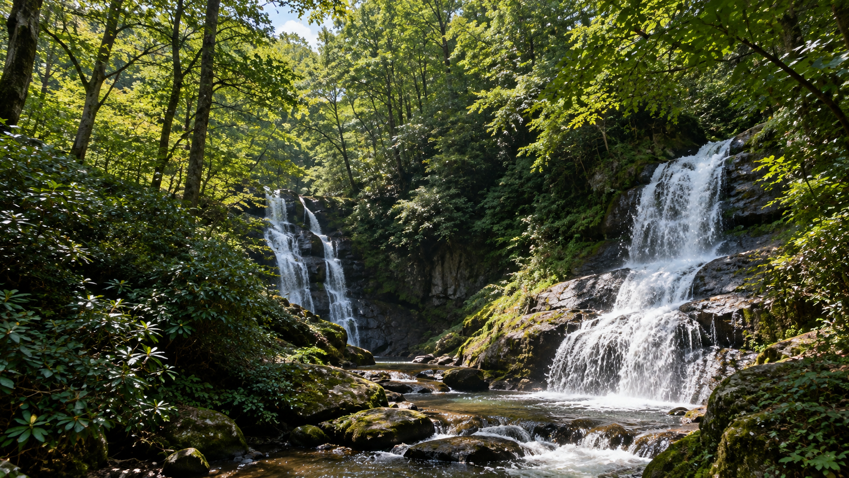 Serene forest with waterfall, depicting tranquility.
