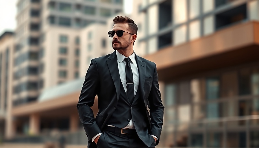 Confident man in suit walking, sunglasses on, city background.