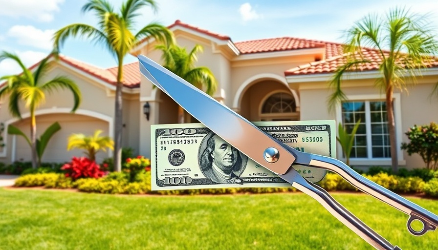 Modern Florida home with dollar bill cut, symbolizing price cuts.