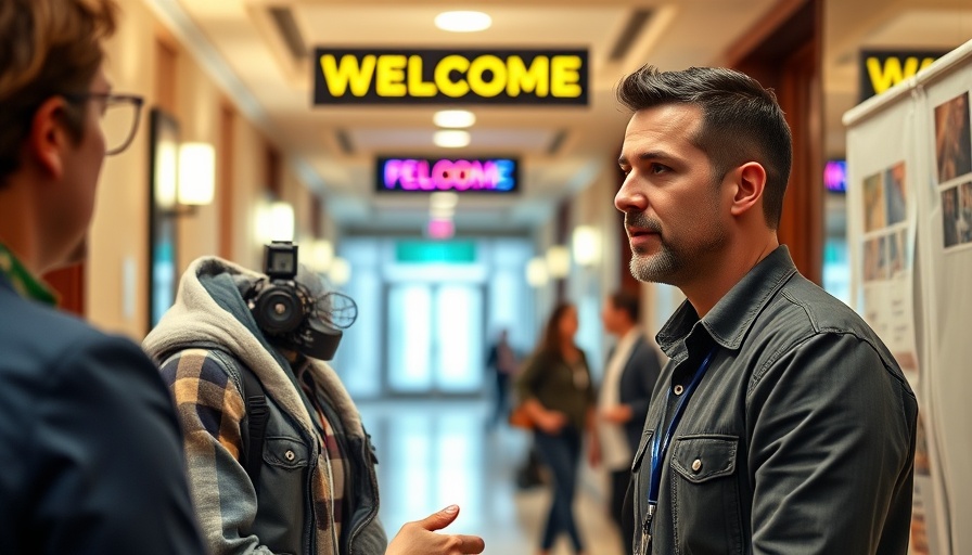 Casual man interviewing at conference about short term rentals strategy