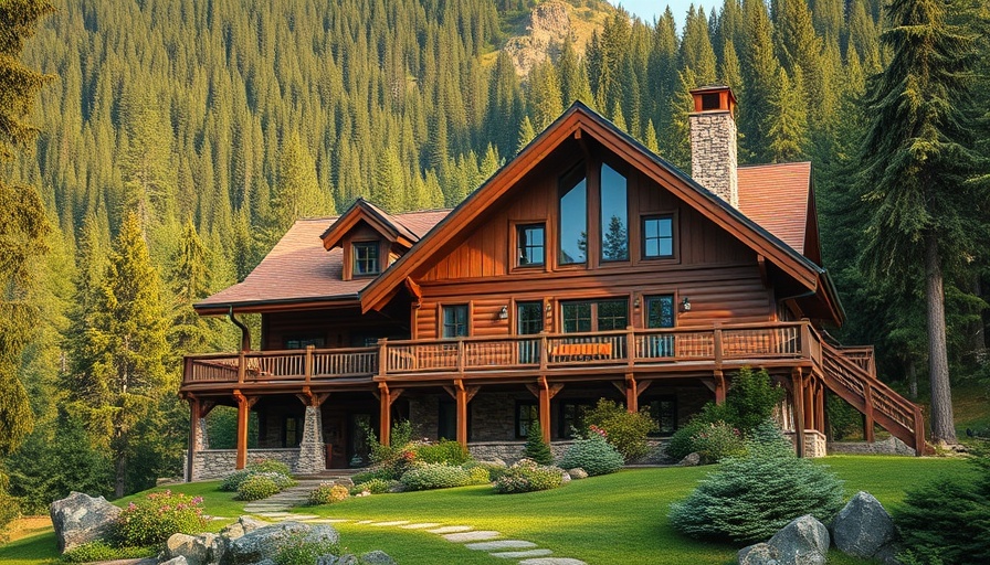 Charming wooden stone house in forested mountains, reporting a home sale.