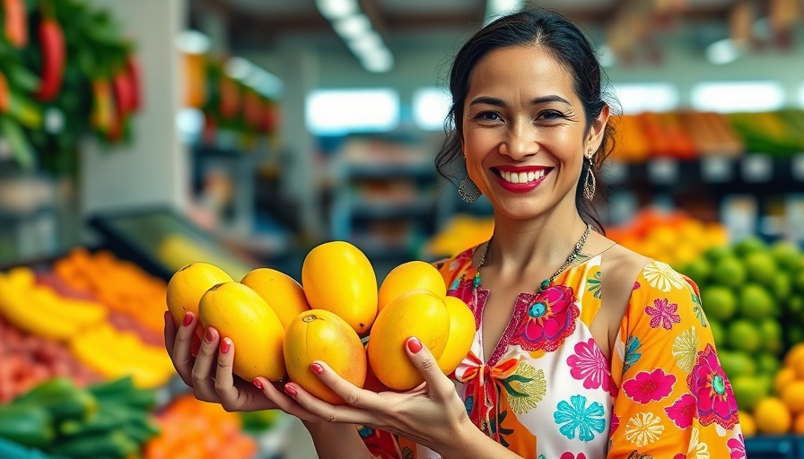 Hot Ones Caribbean Season 4 host holding mangoes in a grocery store.