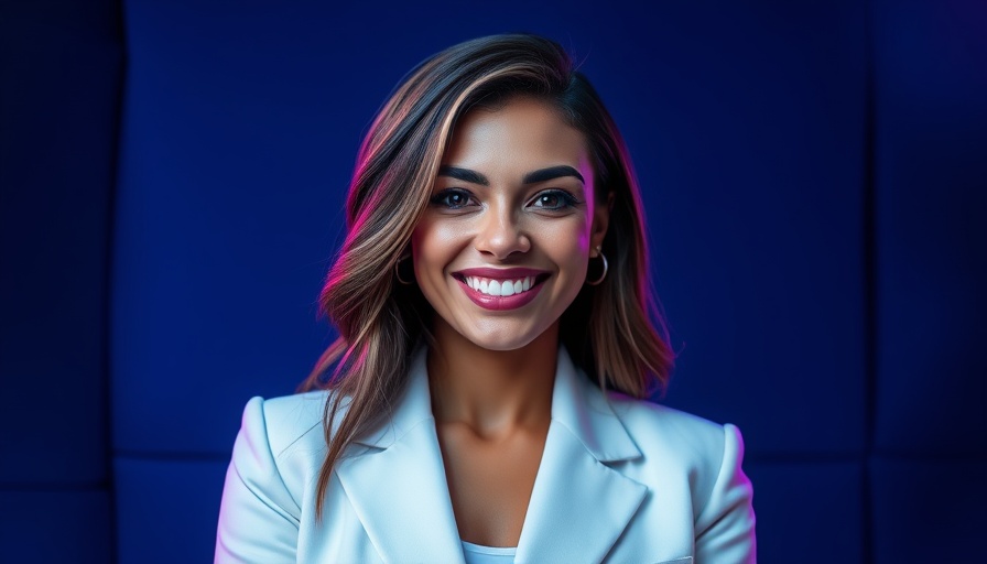 Professional woman smiling, digital backdrop for resilience coaching in business.