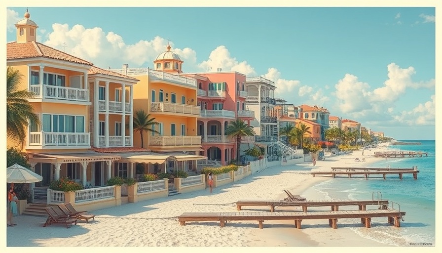 Vintage artistic seaside architecture scene with coastal buildings.