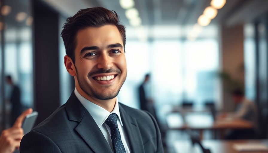 Businessman smiling with 'Database Management with AI' text overlay.