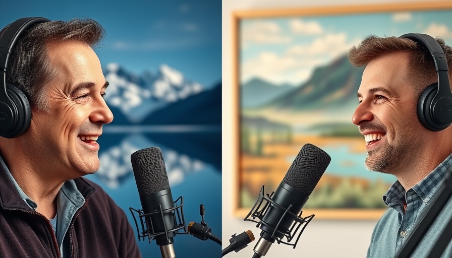 Two men discussing land investment strategies on a split screen with scenic backdrop.