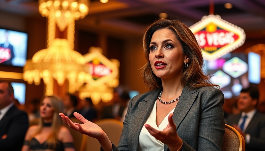 Confident speaker animatedly discussing at a conference backdrop.