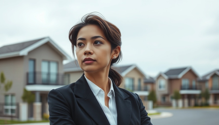 Real estate trends image with professional woman and suburban homes.