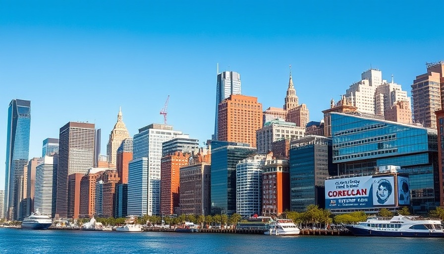 Scenic urban view depicting Battery Park City skyline, sunny day.