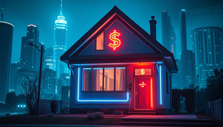 Futuristic cityscape with neon mortgage technology symbols.