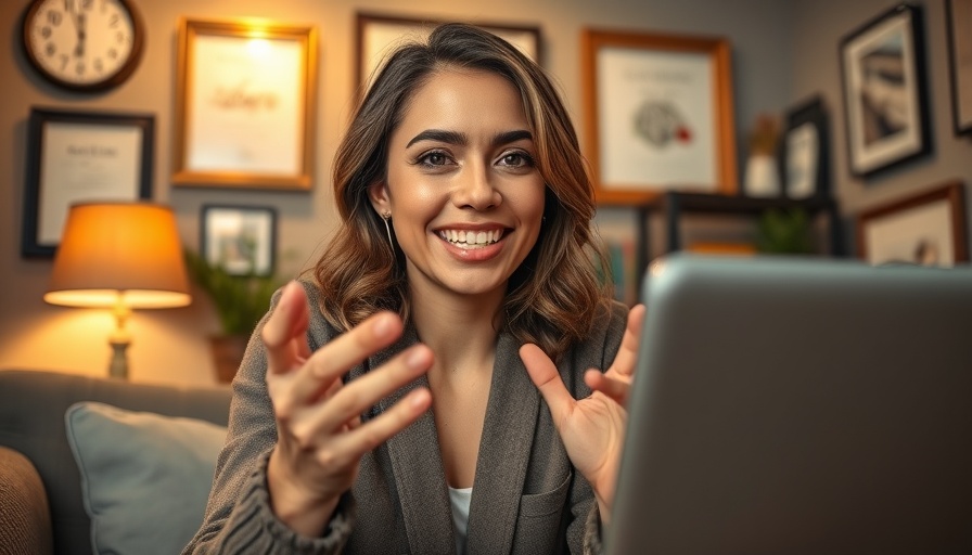 Engaging woman gesturing during a video call in a cozy home office.