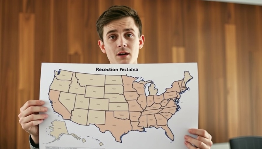 Young man explains recession map of USA.