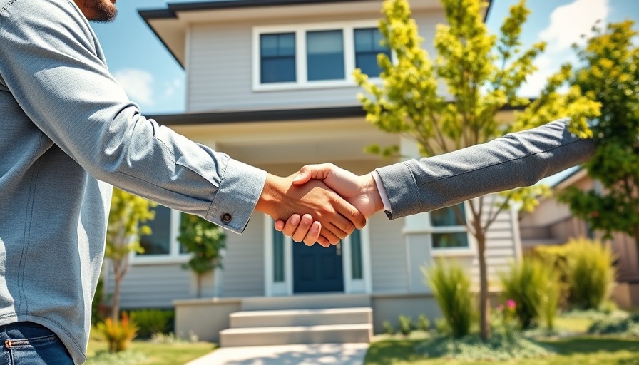 Real estate transaction outside a modern house, sunny day.