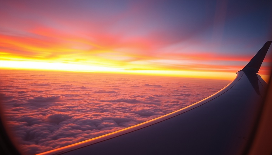 Colorful sunset view from airplane window above clouds.