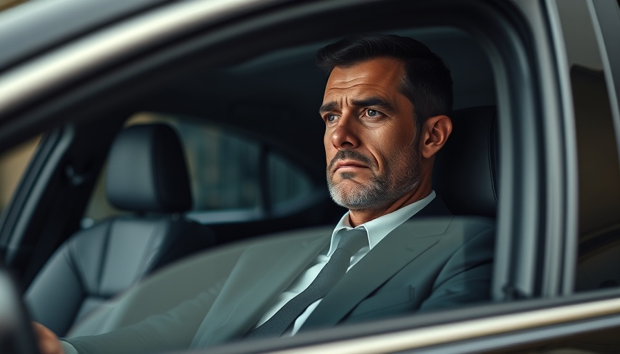 Reflective man in car addressing rejection, business setting.
