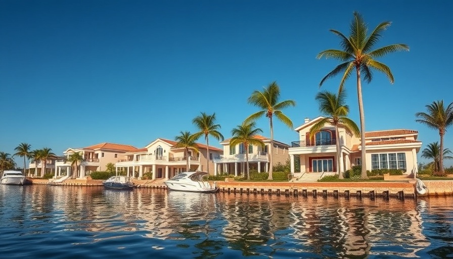Elegant waterfront villas with palm trees under a clear sky, Stellar MLS BeachesMLS data share.