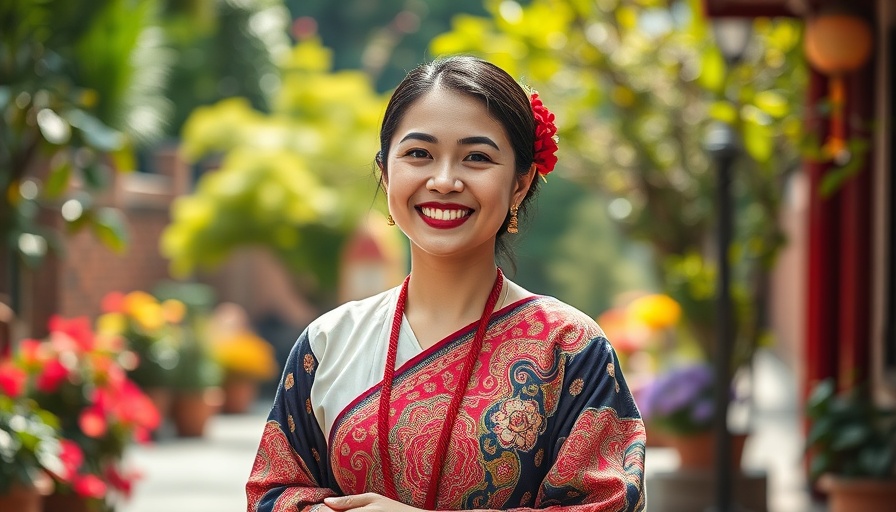 Joyful woman celebrating with traditional attire in vibrant garden.
