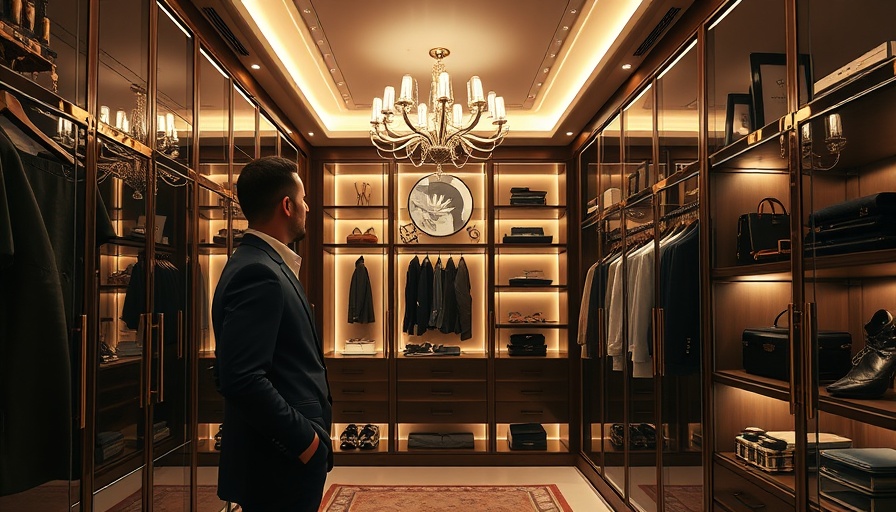 Modern luxury closet with stylish decor and ambient lighting.
