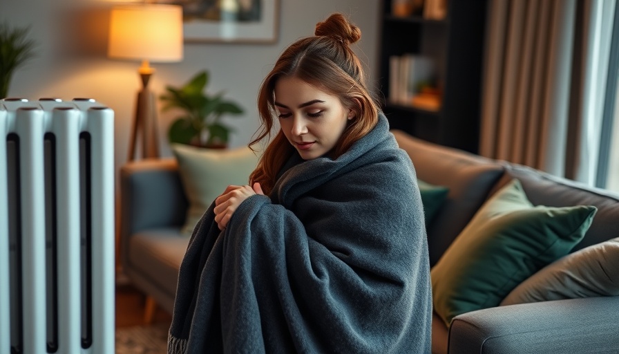 Young woman trying to adjust heater in modern living room setting.