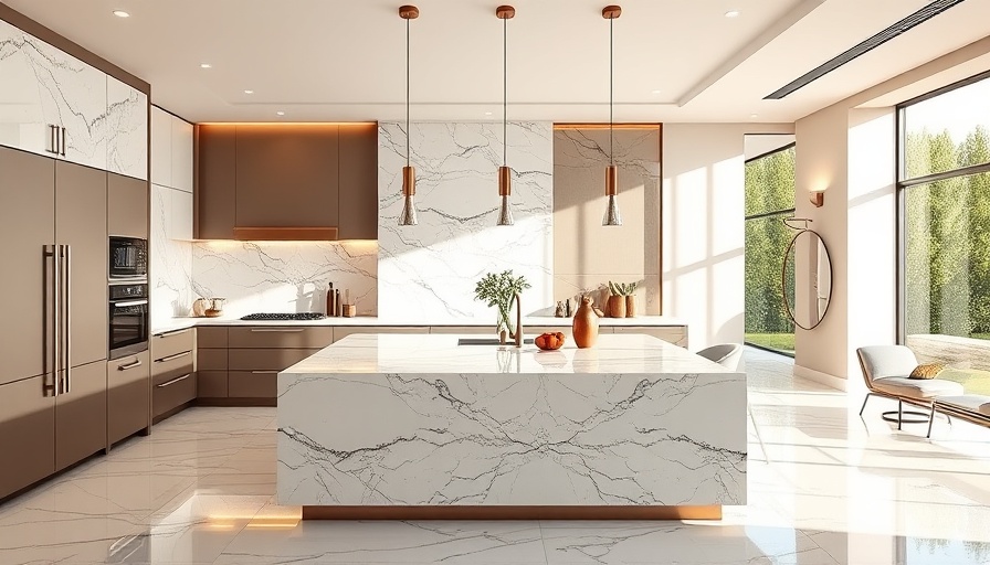 Modern kitchen in luxury Las Vegas home with marble island and copper lighting.