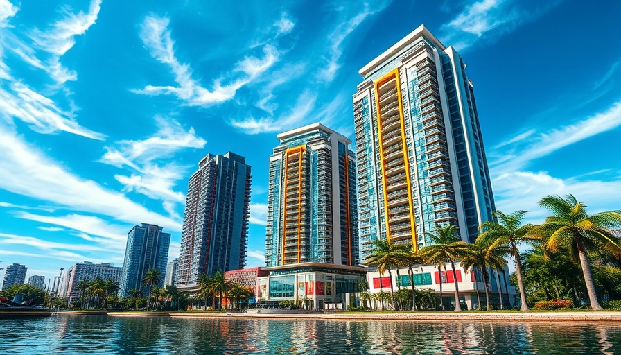 Colorful skyscrapers and palm trees under a bright blue sky.