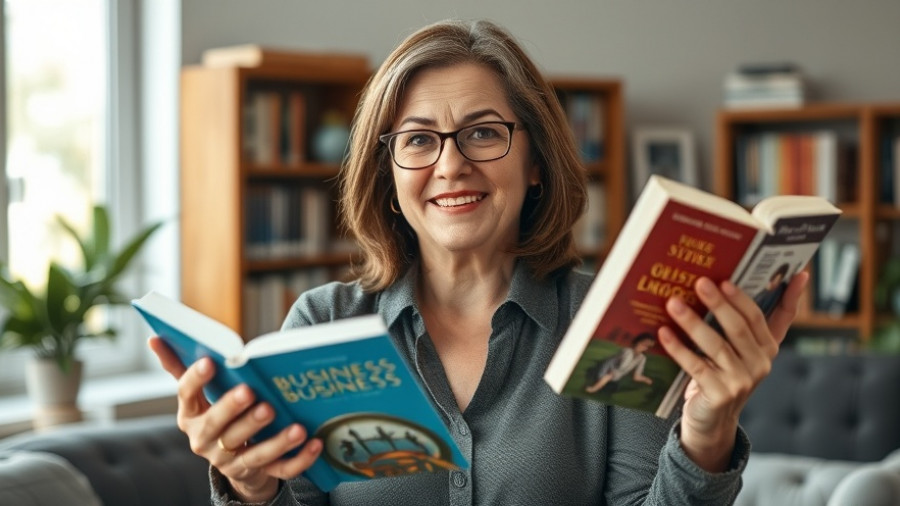 Middle-aged woman discussing business growth and mindset improvement books indoors.
