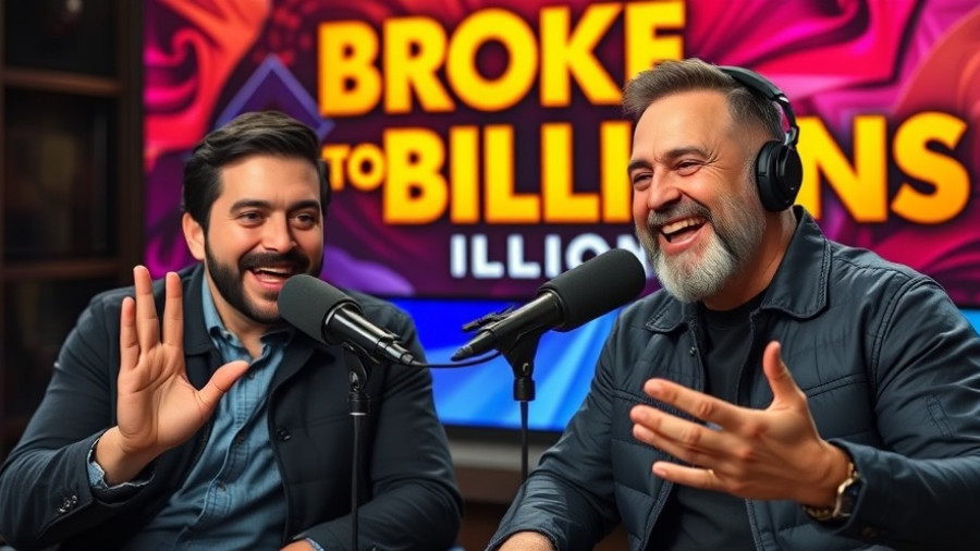 Dynamic podcast setting with two men discussing success.