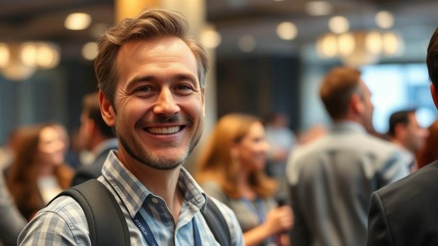 Man at networking event, discussing real estate.