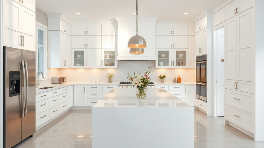 Modern kitchen with white cabinets and island, highlighting inclusions and exclusions in real estate.