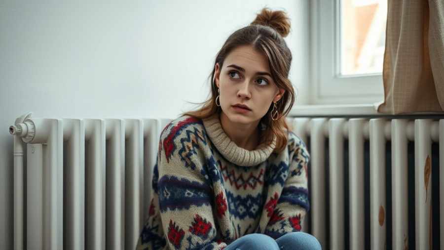 Concerned tenant, bundled for warmth near radiator, NYC heating laws context.