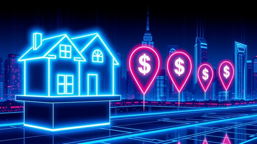 Futuristic neon real estate technology with city skyline.
