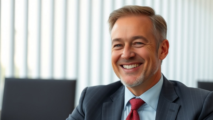 Confident middle-aged man discussing market stability in an office setting.