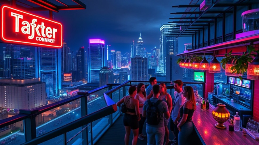 BiggerPockets Party Events at a vibrant rooftop bar with neon lights.