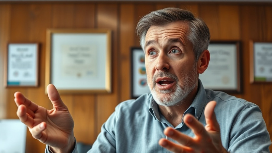 Man in office explaining business concepts with animated expression.