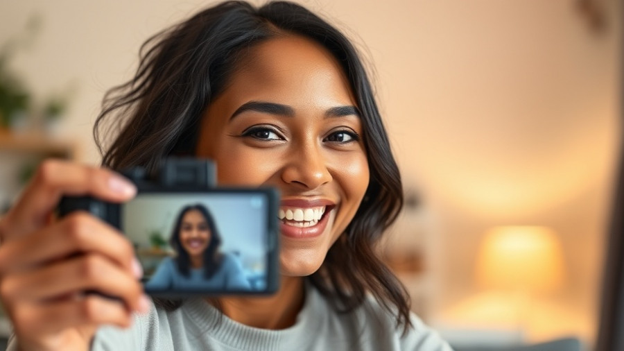 Smiling woman recording a video indoors, collective sentiment in markets.