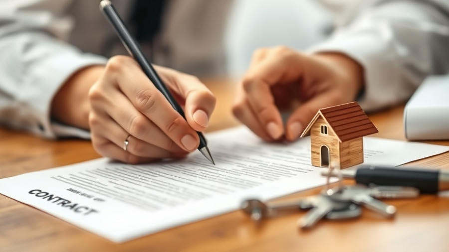 Hands signing real estate contract with model house for down payment assistance.