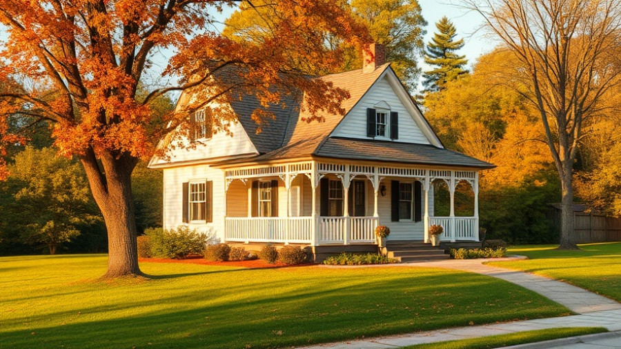 Charming white house with autumn trees, ideal for structural inspections.