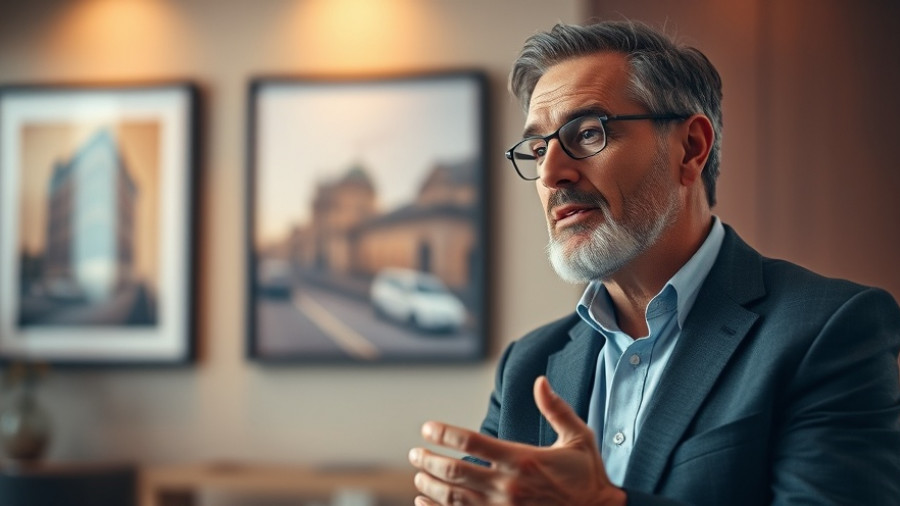 Middle-aged man discussing real estate investment indoors, emphasizing affordability.