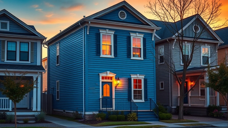 Charming blue townhouse at sunset highlighting home buying myths.