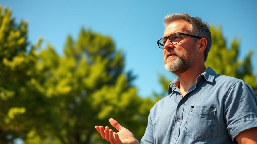 Casual man discussing Airbnb amenities outdoors, lush setting