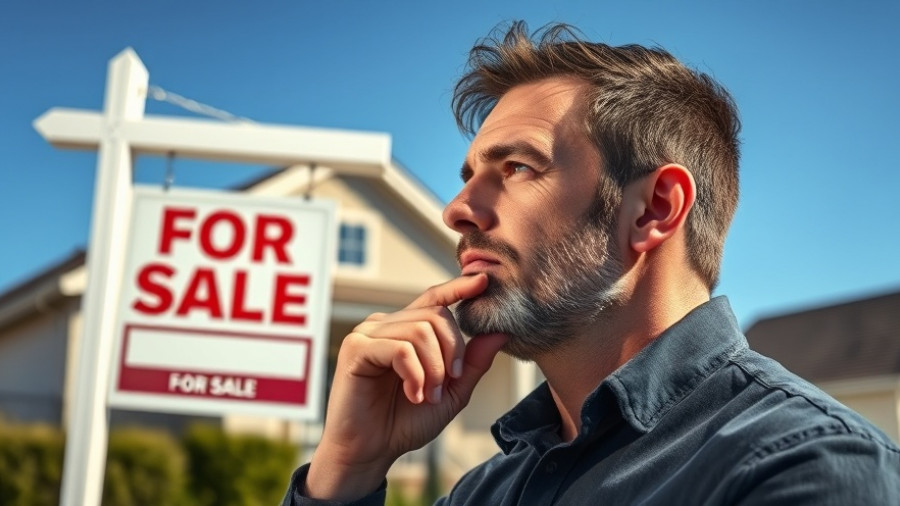 Man in front of 'For Sale' sign pondering home prices stall trend.