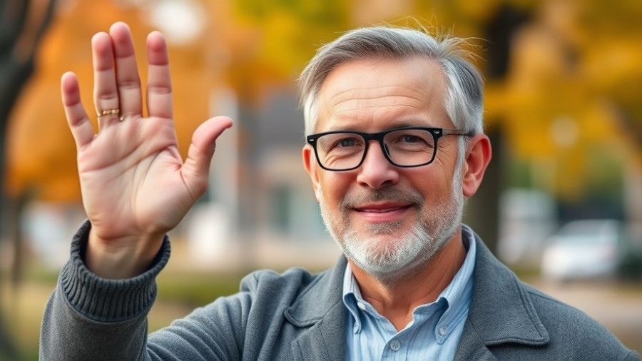 Man raising hand outdoors, natural lighting.