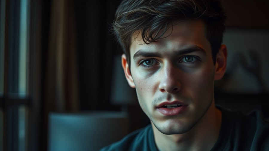 Young man speaking seriously, indoors with a dark background.