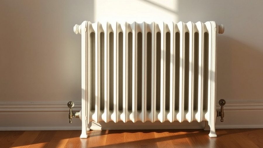 Classic white NYC radiator against wall on hardwood floor.
