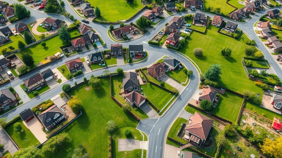 Aerial view of suburban neighborhood with winding roads and houses.