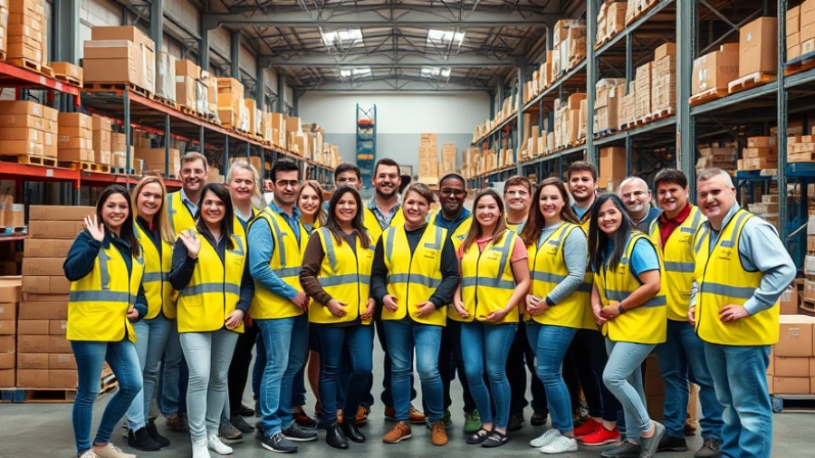 Hurricane Melissa relief efforts volunteers in warehouse, supportive atmosphere.