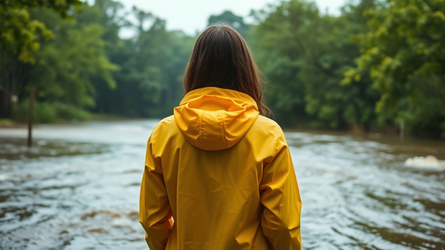 Contemplative woman in raincoat facing floodwaters.